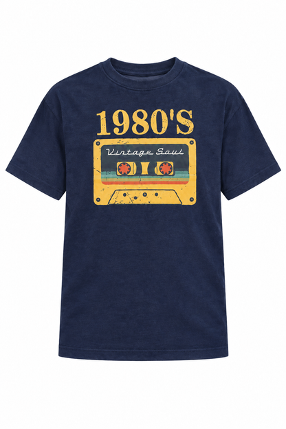 Klassisk 80'er-T-shirt i bomuld med grafisk tryk og droppede skuldre - Marineblå